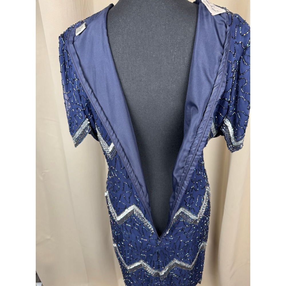 Vintage 80s Laurence Kazar New York Silk Beaded Dress Blue Art Deco Midi PL - Picture 8 of 11